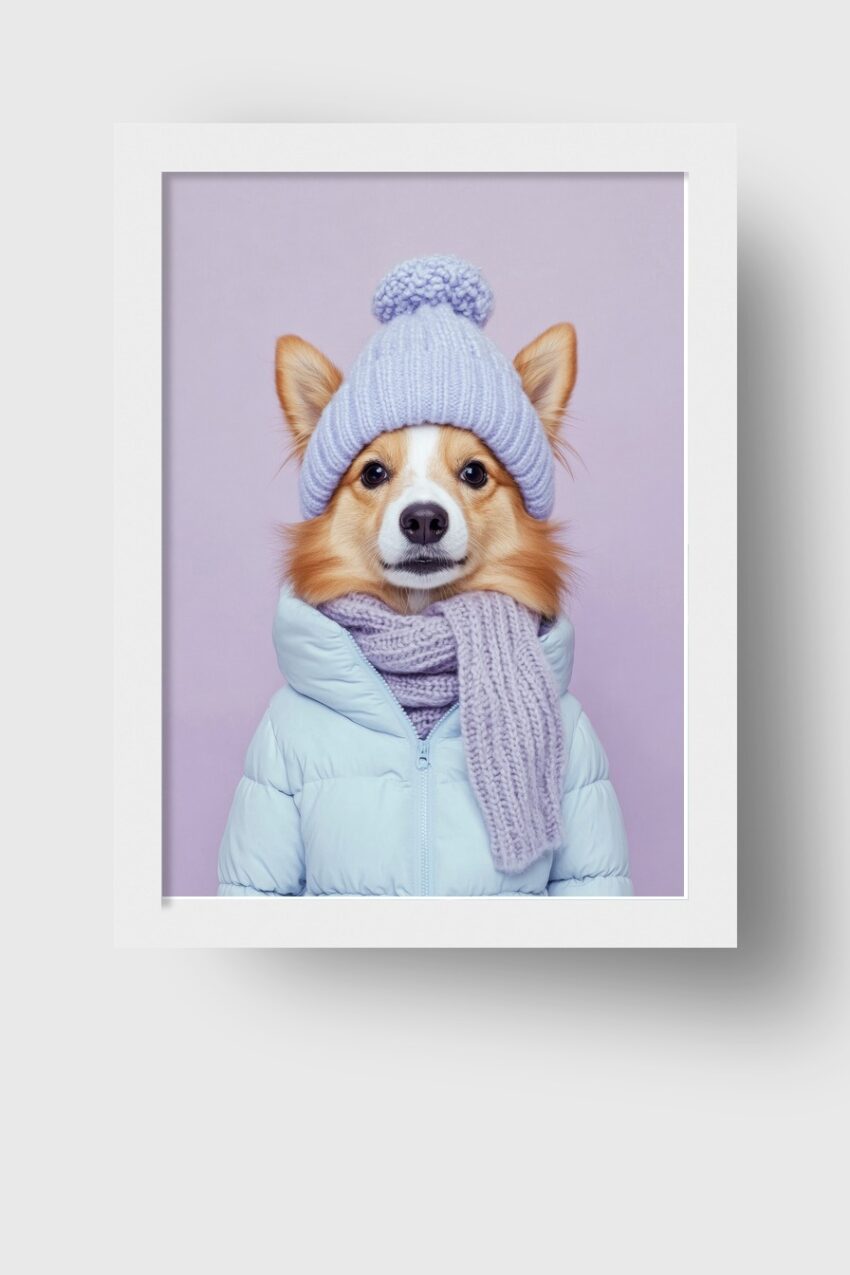 Fotografie Poster Corgi Winterjacke Strickmütze pastell lila