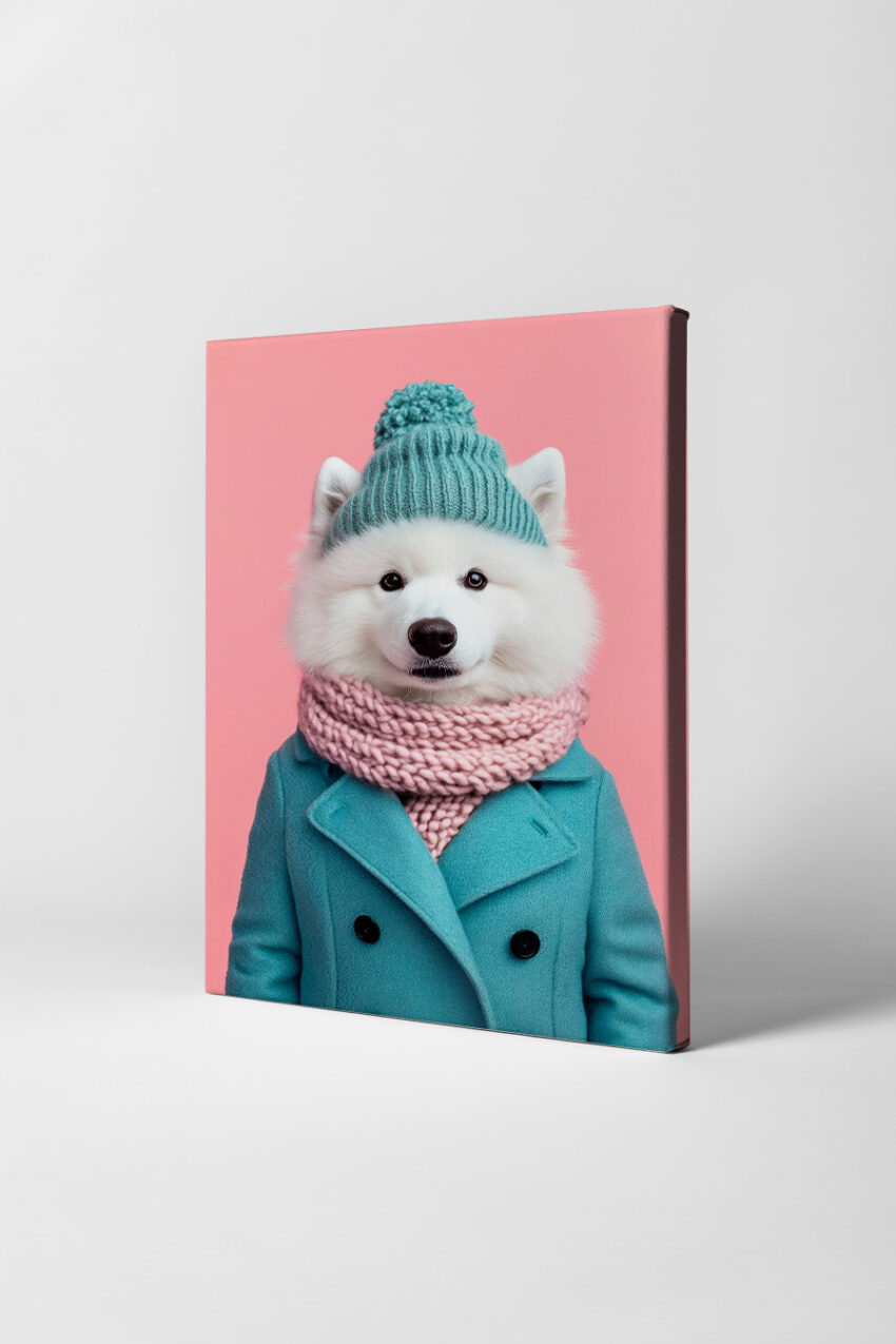 Fotografie Poster Samojede weiß Mütze Schal pastellfarben