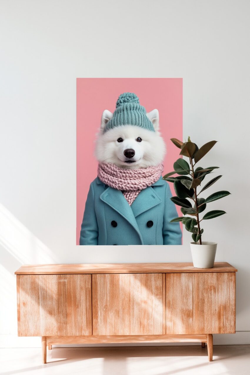 Fotografie Poster Samojede weiß Mütze Schal pastellfarben