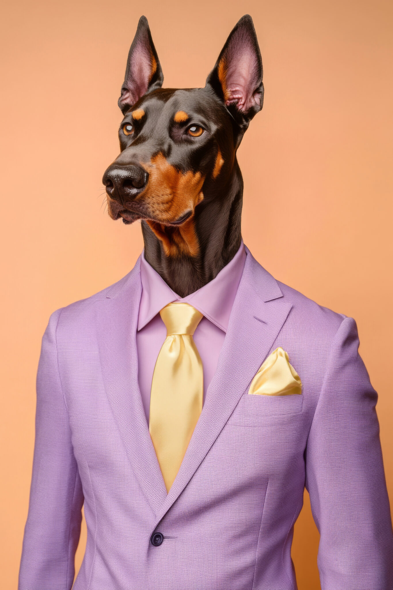 Fotografie Poster Dobermann lila Anzug gelbe Krawatte
