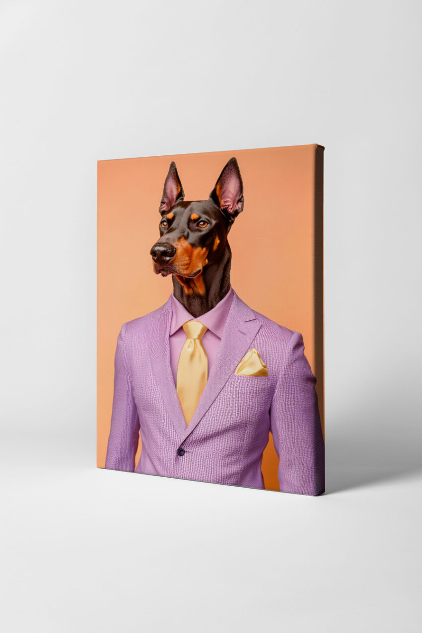Fotografie Poster Dobermann lila Anzug gelbe Krawatte