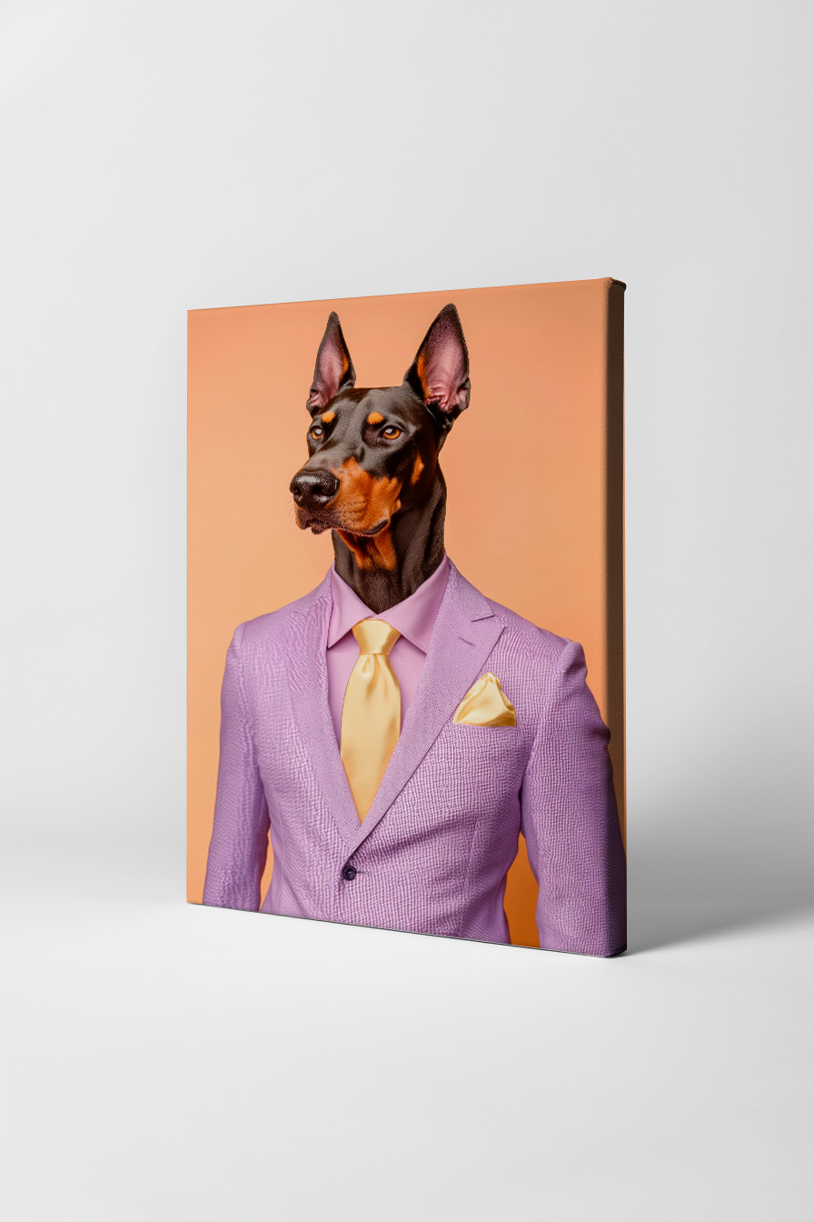 Fotografie Poster Dobermann lila Anzug gelbe Krawatte