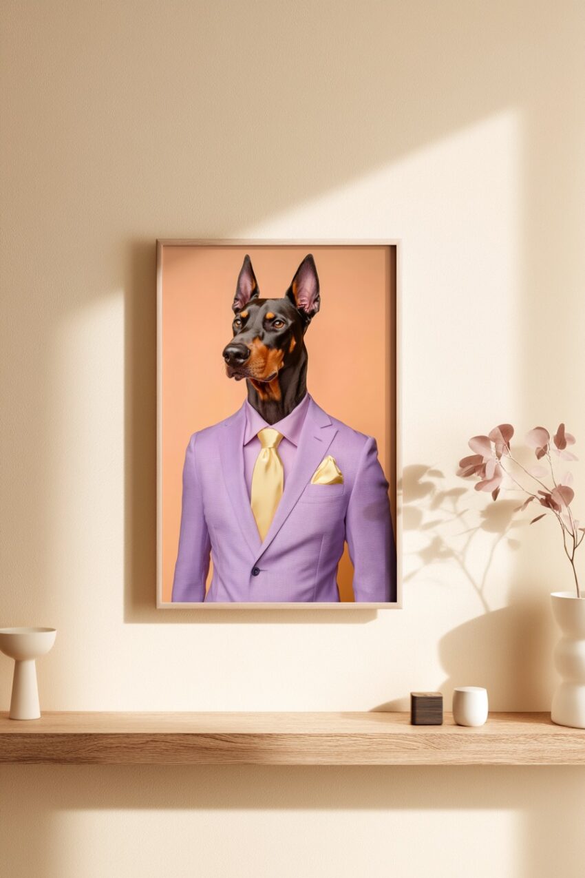 Fotografie Poster Dobermann lila Anzug gelbe Krawatte