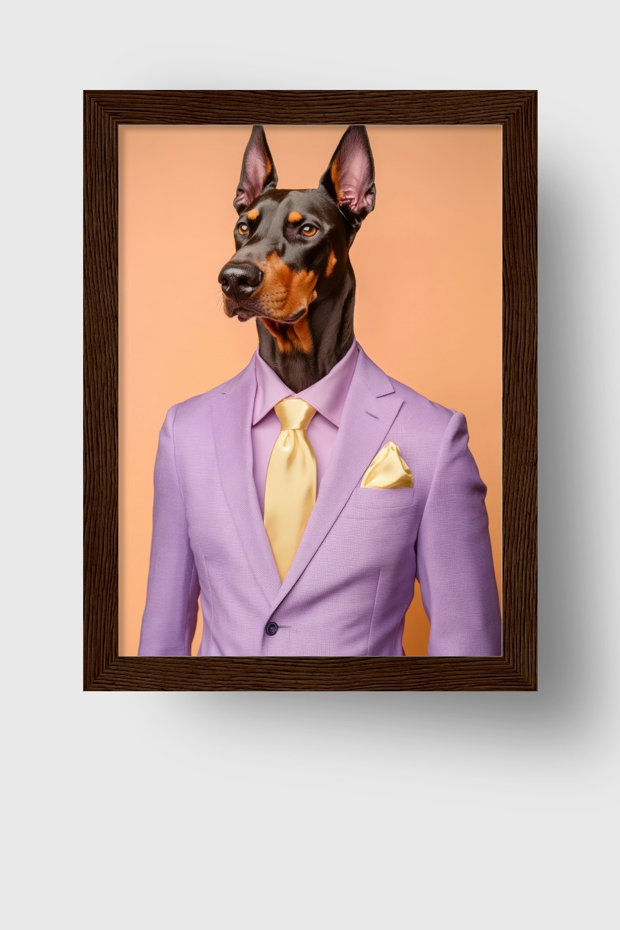 Fotografie Poster Dobermann lila Anzug gelbe Krawatte