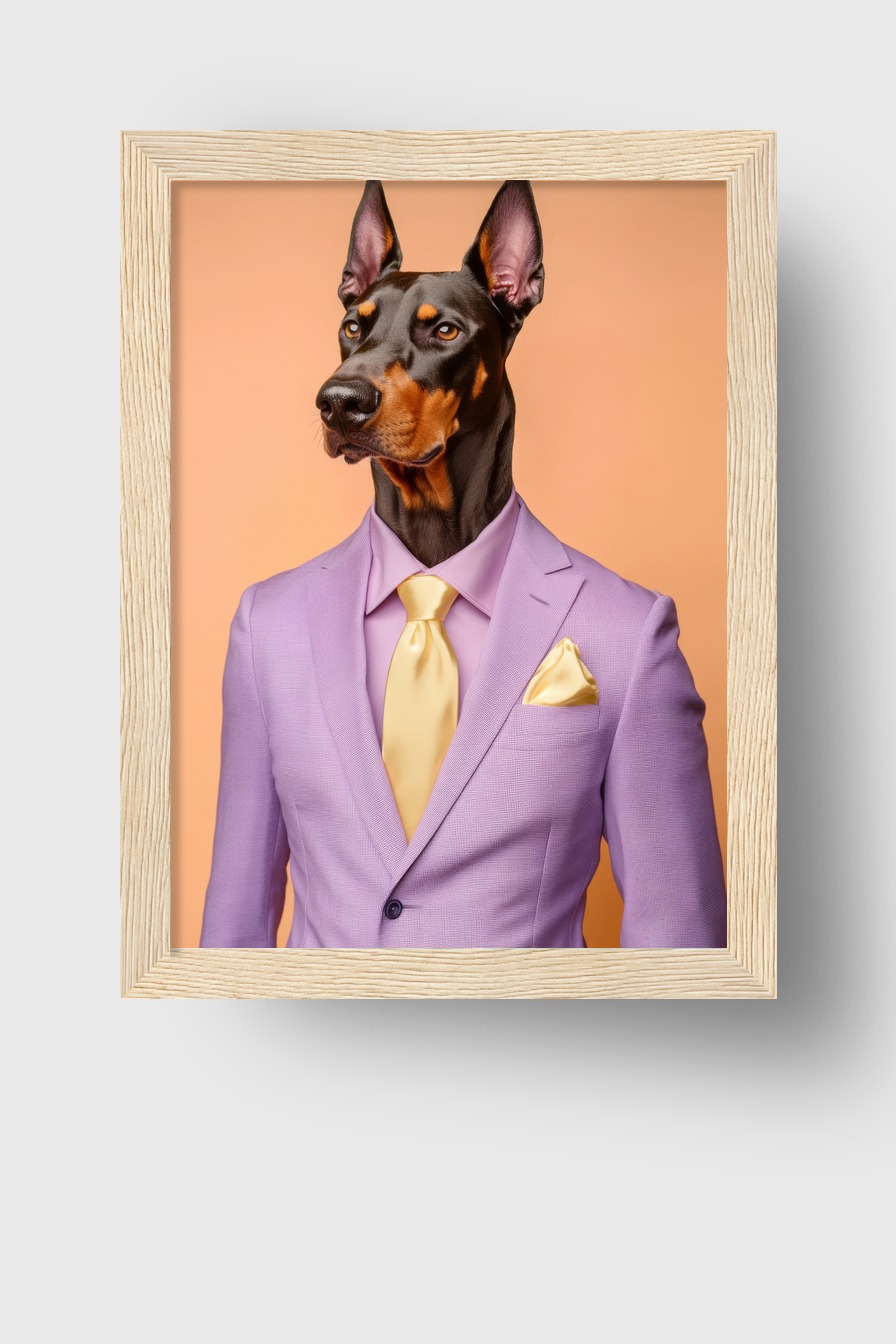 Fotografie Poster Dobermann lila Anzug gelbe Krawatte
