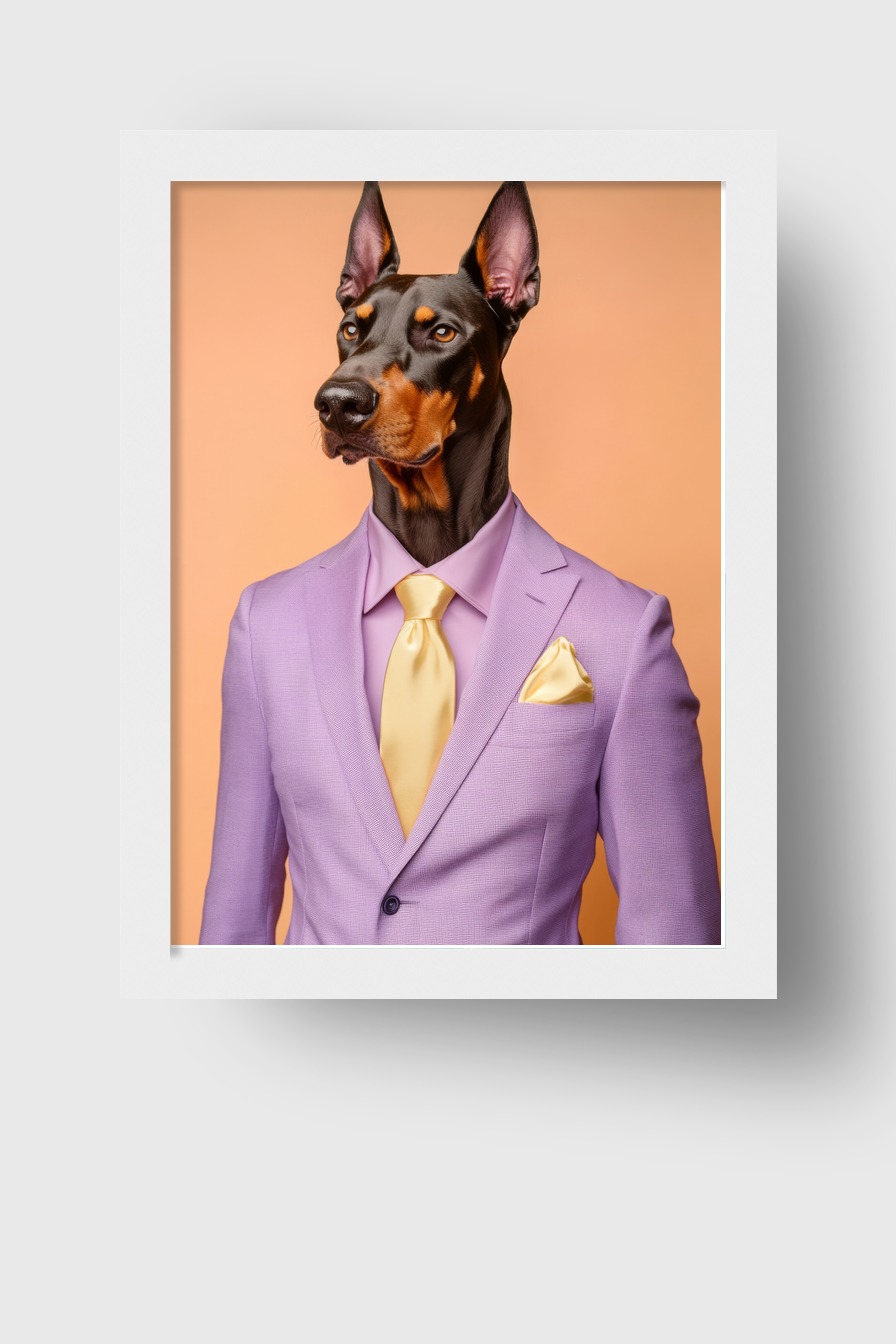 Fotografie Poster Dobermann lila Anzug gelbe Krawatte