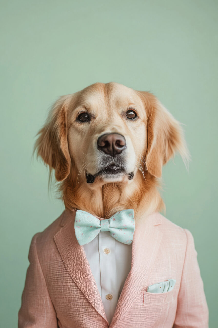 Fotografie Poster Golden Retriever Fliege elegant grün