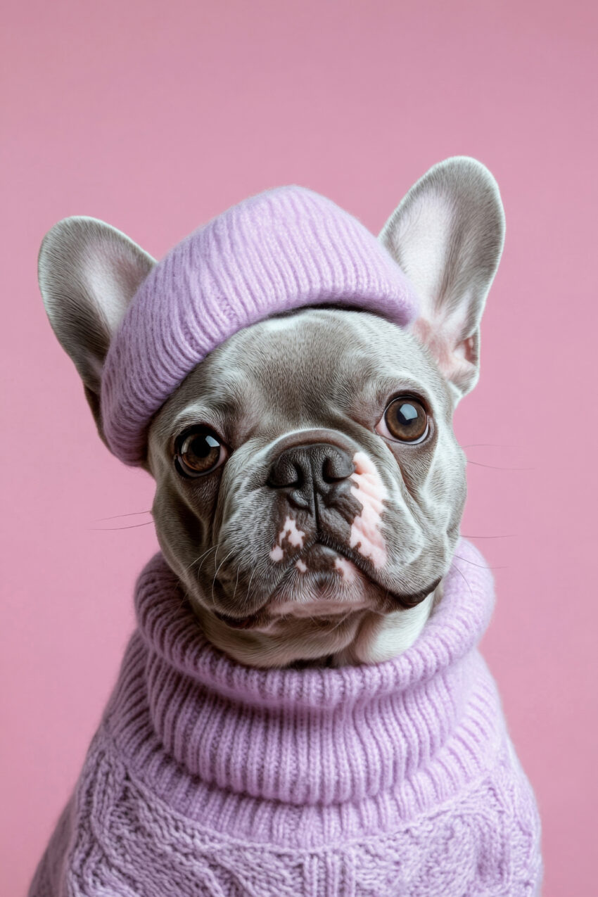 Fotografie Poster französische Bulldogge Strickpullover lila rosa