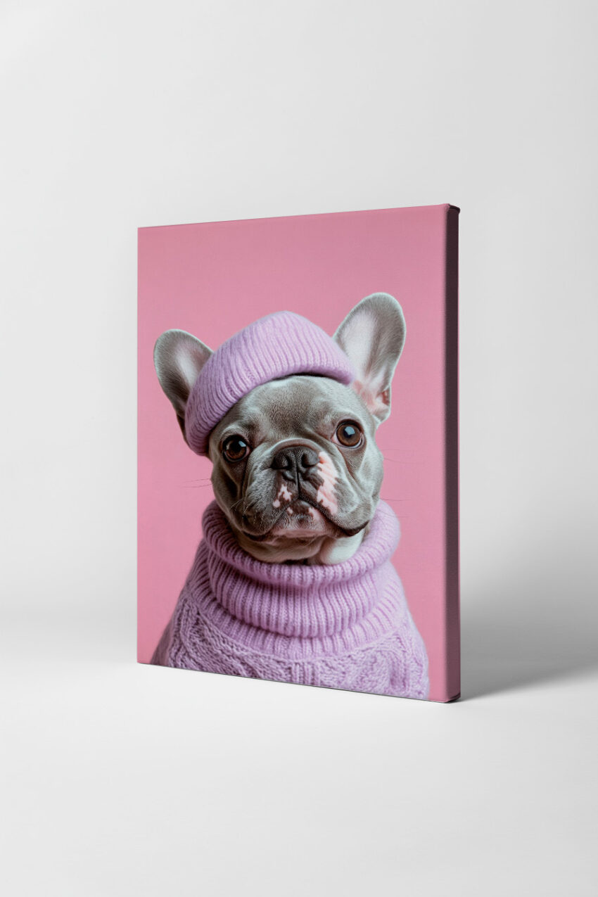 Fotografie Poster französische Bulldogge Strickpullover lila rosa
