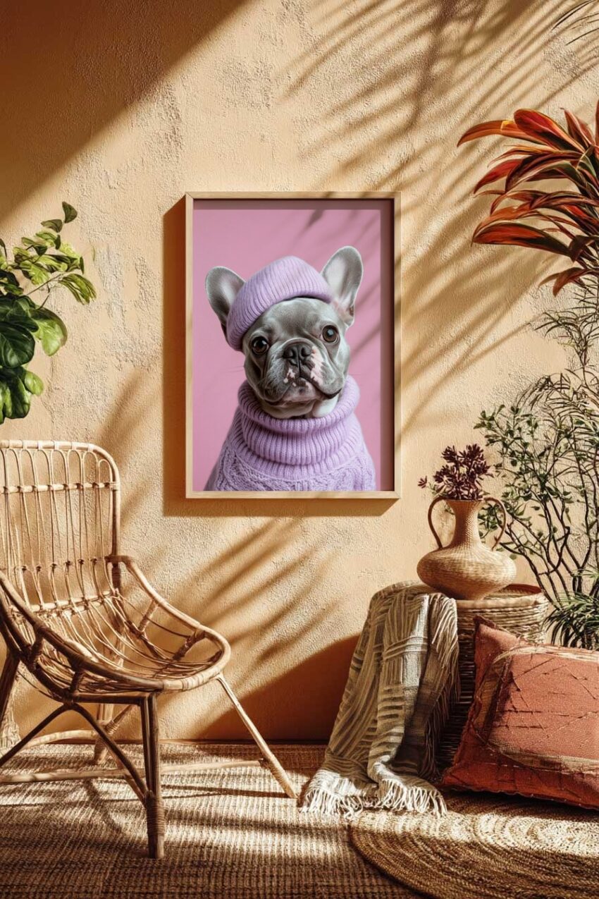 Fotografie Poster französische Bulldogge Strickpullover lila rosa