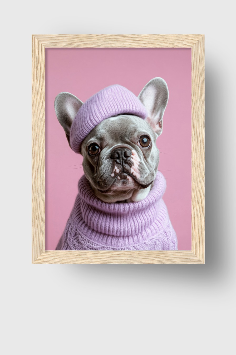 Fotografie Poster französische Bulldogge Strickpullover lila rosa
