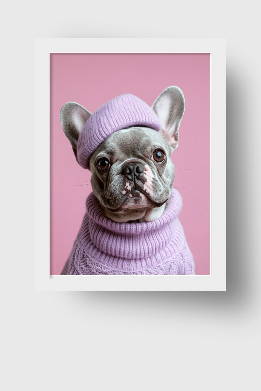 Fotografie Poster französische Bulldogge Strickpullover lila rosa