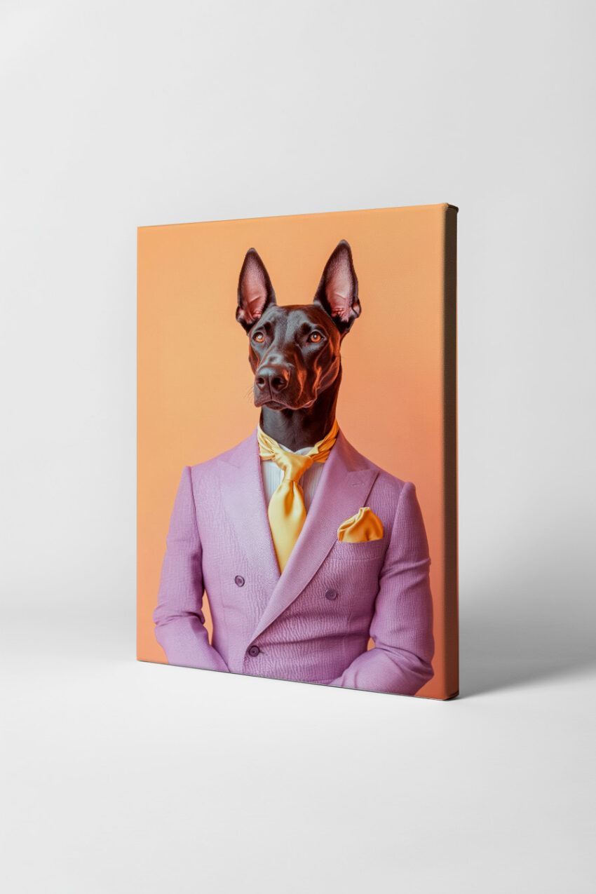 Fotografie Poster Dobermann Anzug lila gelb