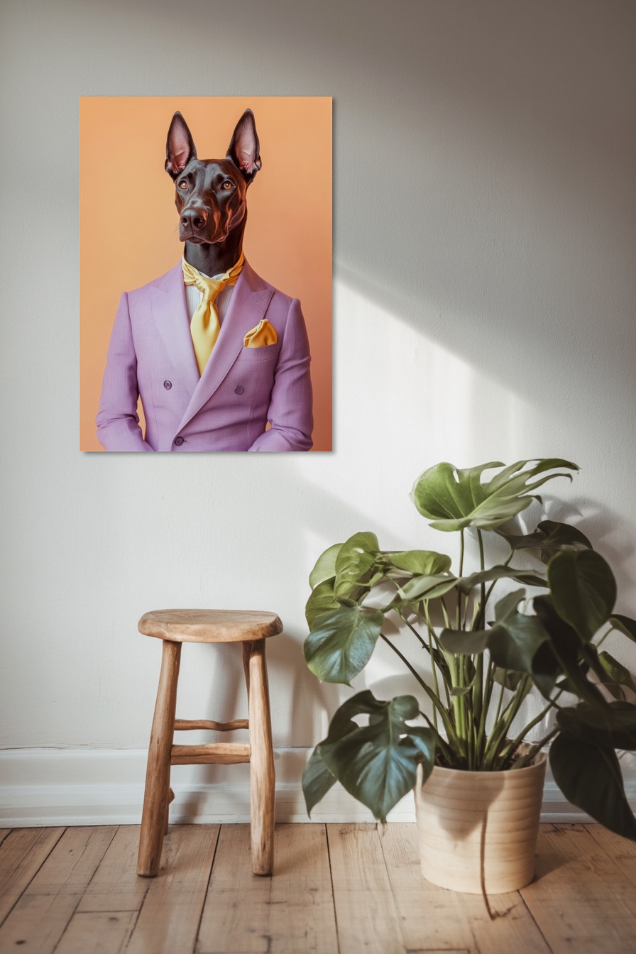 Fotografie Poster Dobermann Anzug lila gelb