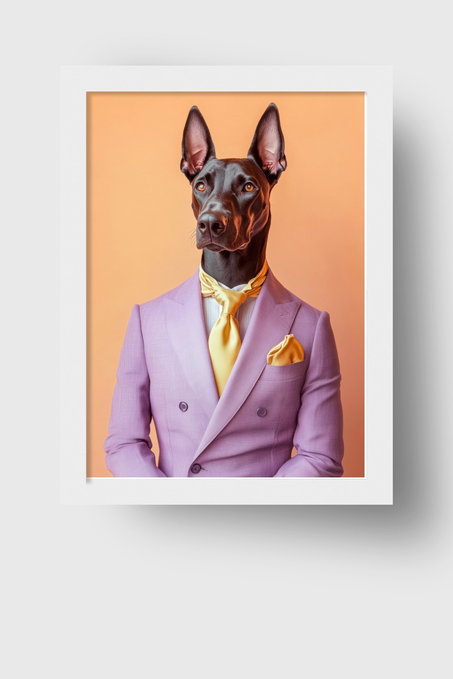Fotografie Poster Dobermann Anzug lila gelb