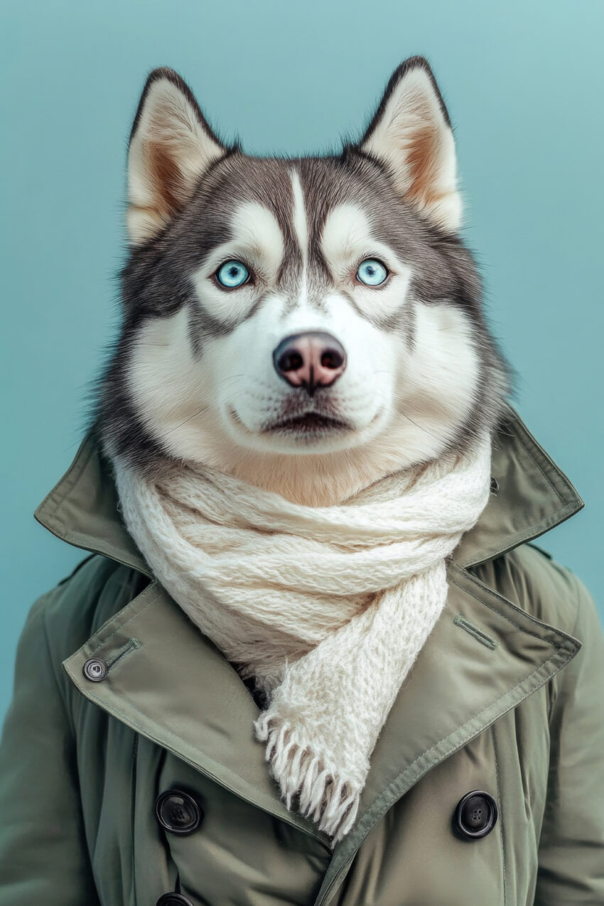 Fotografie Poster Husky klar blaue Augen Schal olivgrün