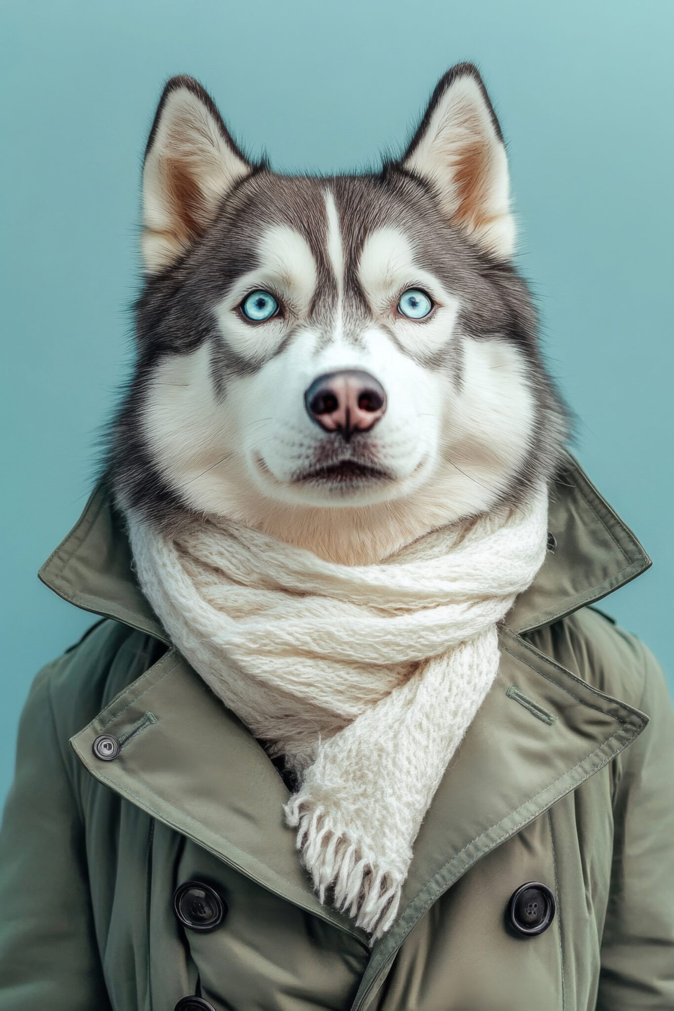 Fotografie Poster Husky klar blaue Augen Schal olivgrün