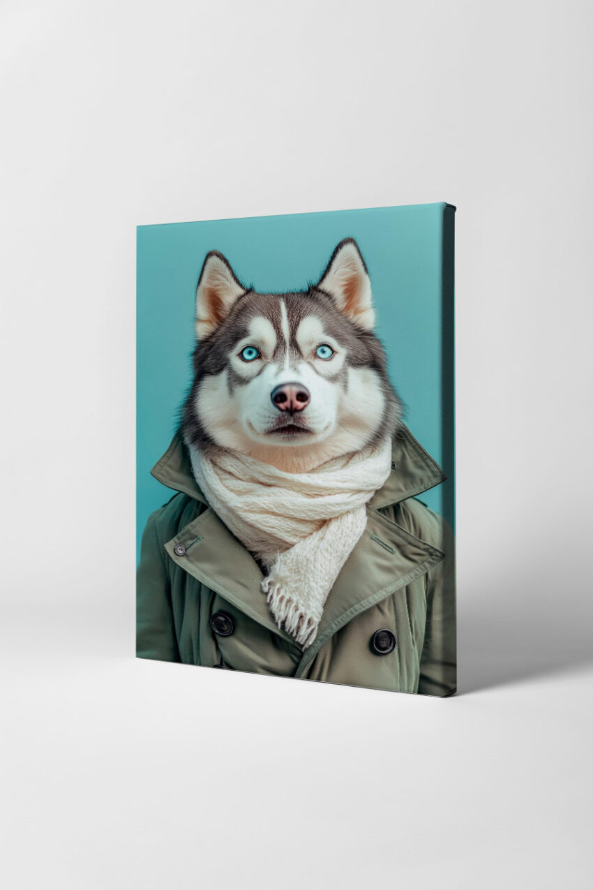 Fotografie Poster Husky klar blaue Augen Schal olivgrün