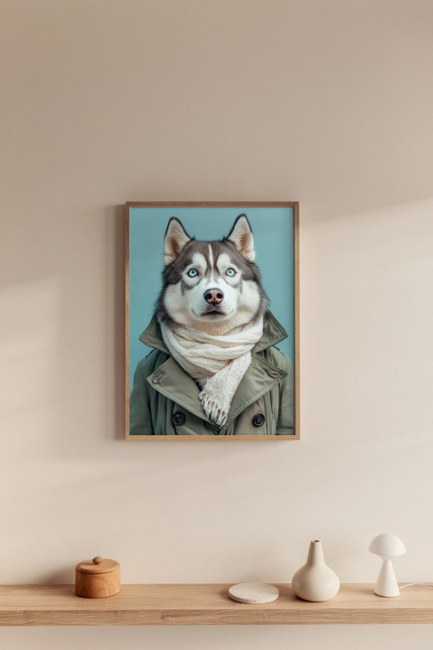 Fotografie Poster Husky klar blaue Augen Schal olivgrün