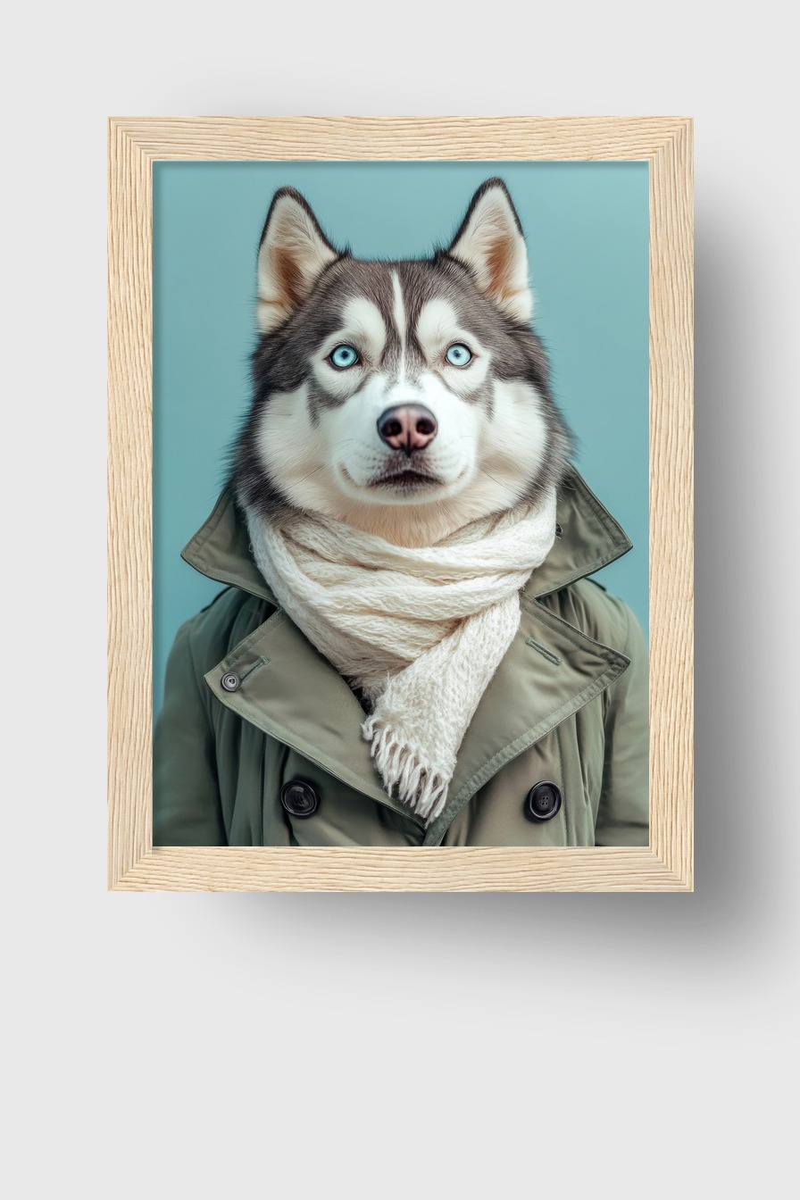 Fotografie Poster Husky klar blaue Augen Schal olivgrün