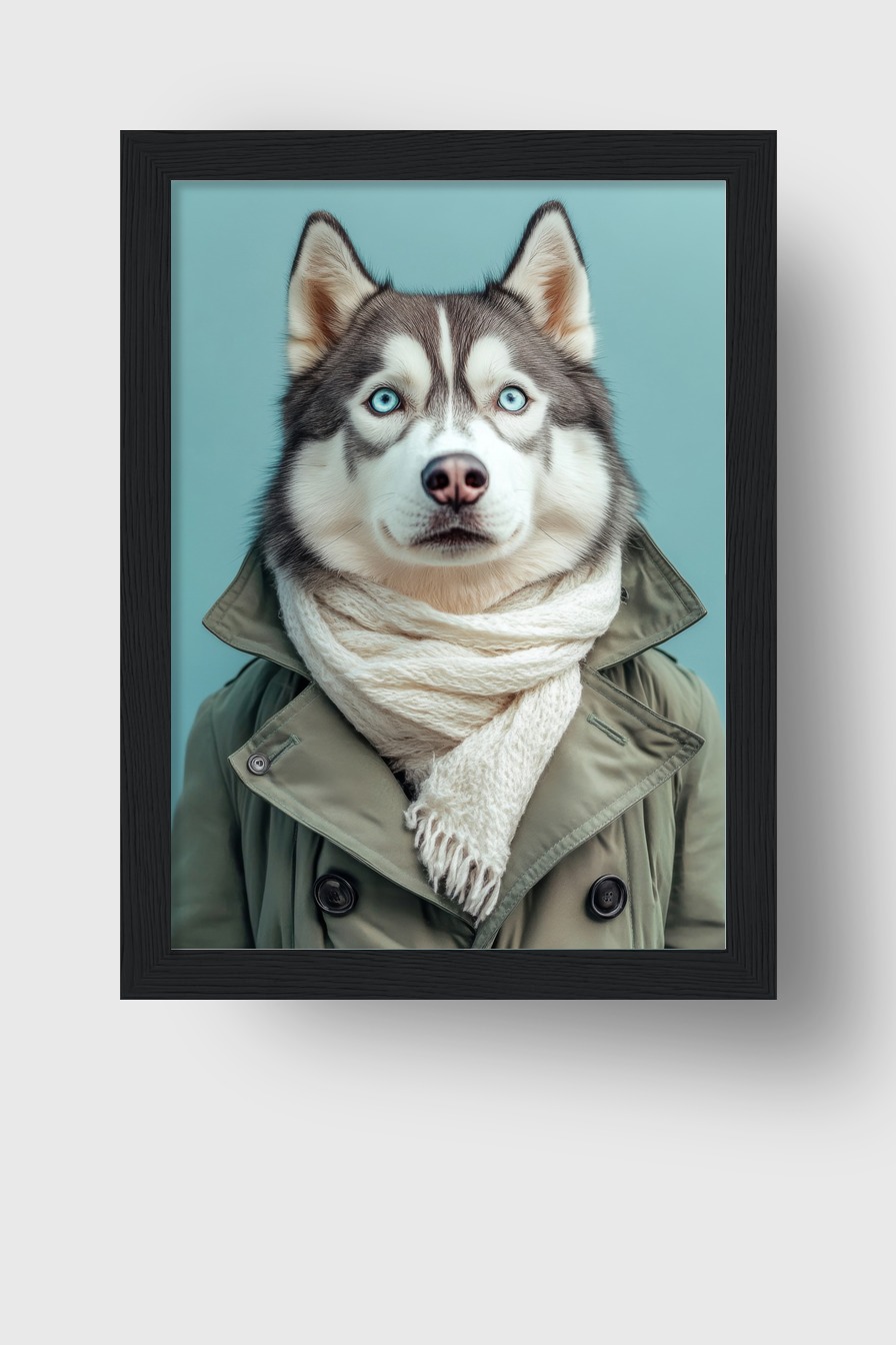 Fotografie Poster Husky klar blaue Augen Schal olivgrün