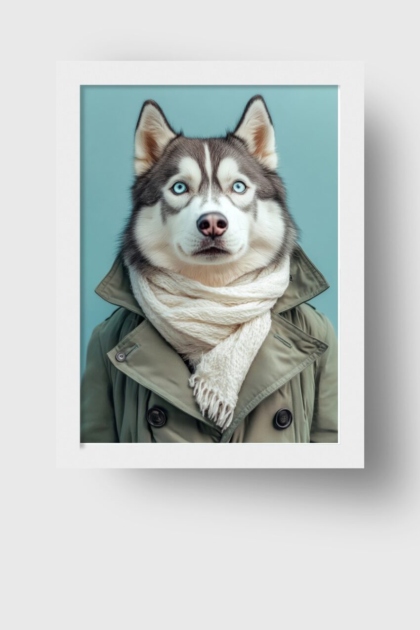 Fotografie Poster Husky klar blaue Augen Schal olivgrün