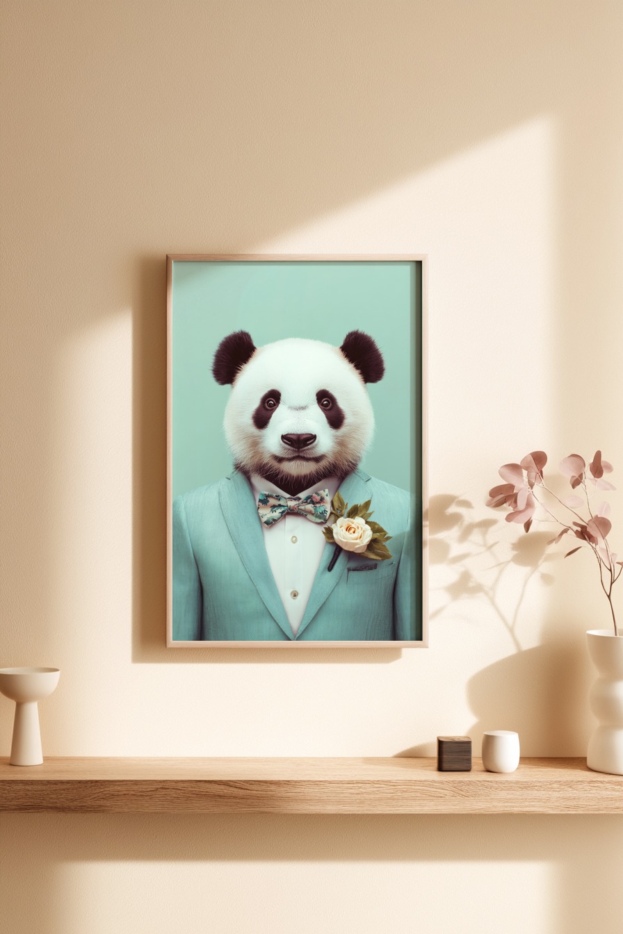 Digitale Kunst Poster Panda formell hellblauer Anzug