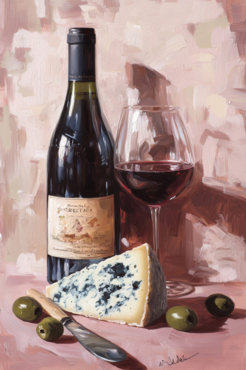 Malerei Poster Wein Glas Käse Blaugrün Braun