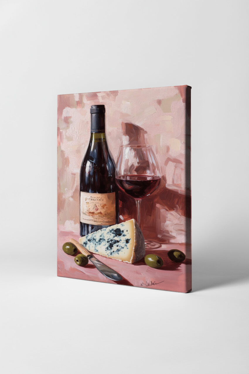 Malerei Poster Wein Glas Käse Blaugrün Braun