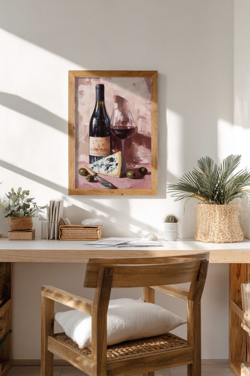 Malerei Poster Wein Glas Käse Blaugrün Braun