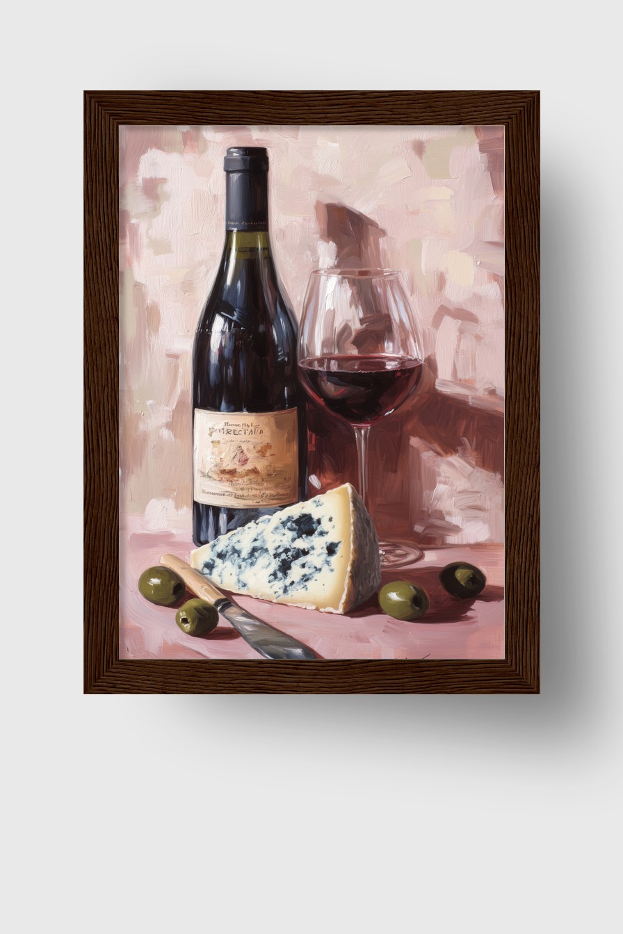 Malerei Poster Wein Glas Käse Blaugrün Braun