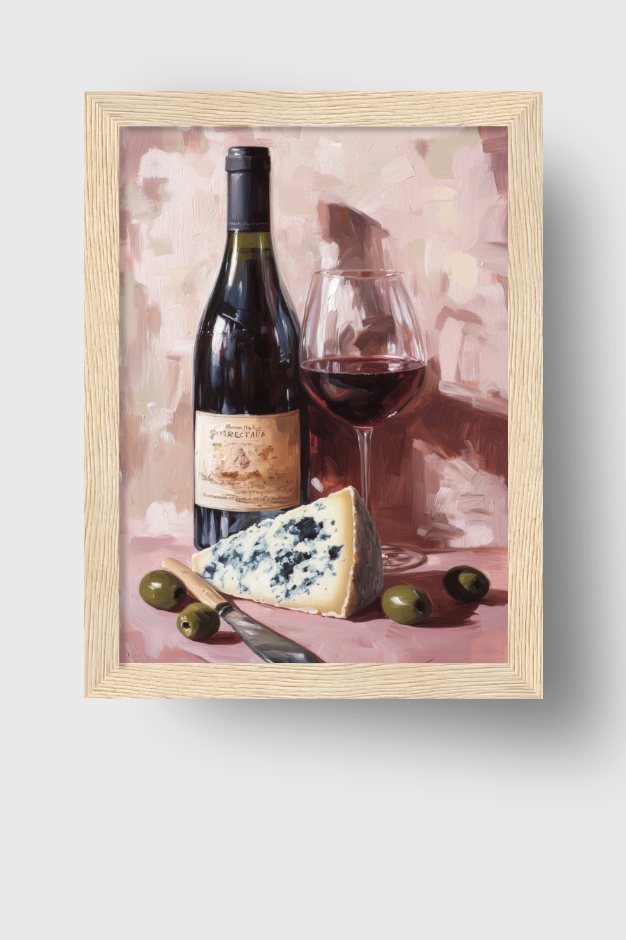 Malerei Poster Wein Glas Käse Blaugrün Braun