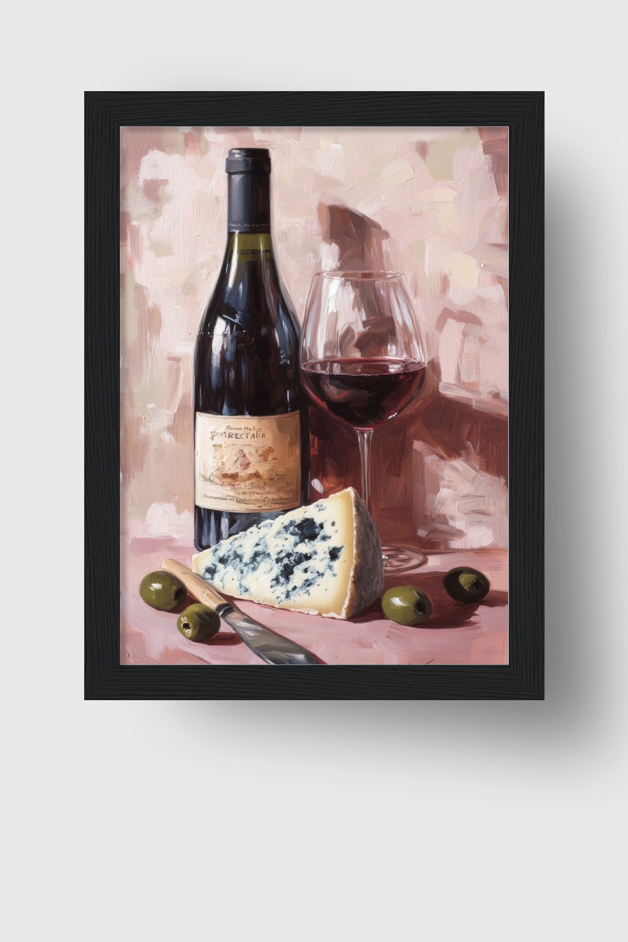 Malerei Poster Wein Glas Käse Blaugrün Braun