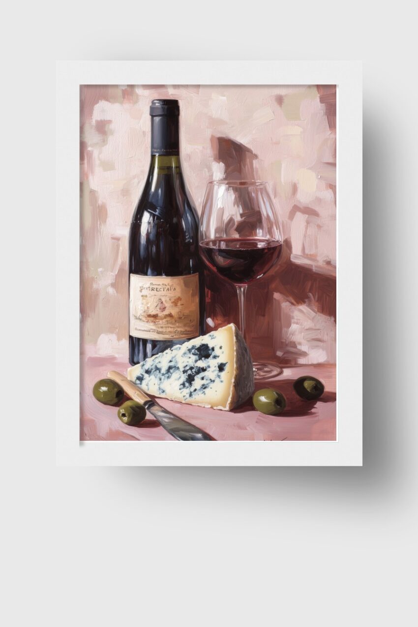 Malerei Poster Wein Glas Käse Blaugrün Braun