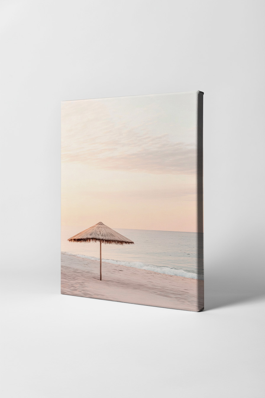 Fotografie Poster Strandschirm Meer Sand minimalistisch beige