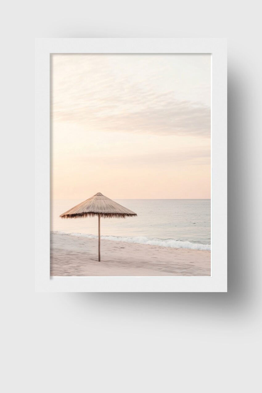 Fotografie Poster Strandschirm Meer Sand minimalistisch beige