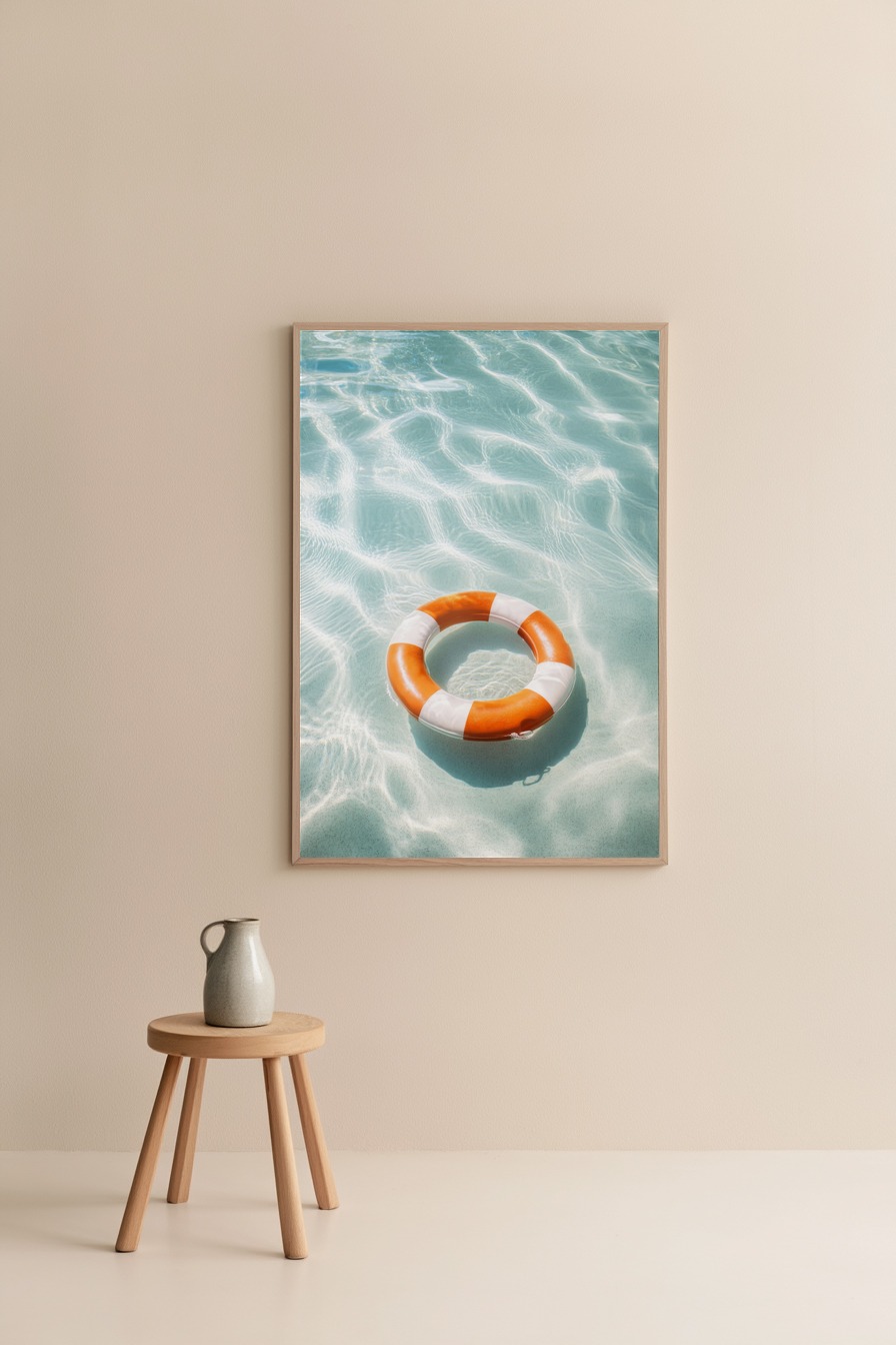 Fotografie Poster Rettungsring Wasser klar Lichtreflexe orange weiß