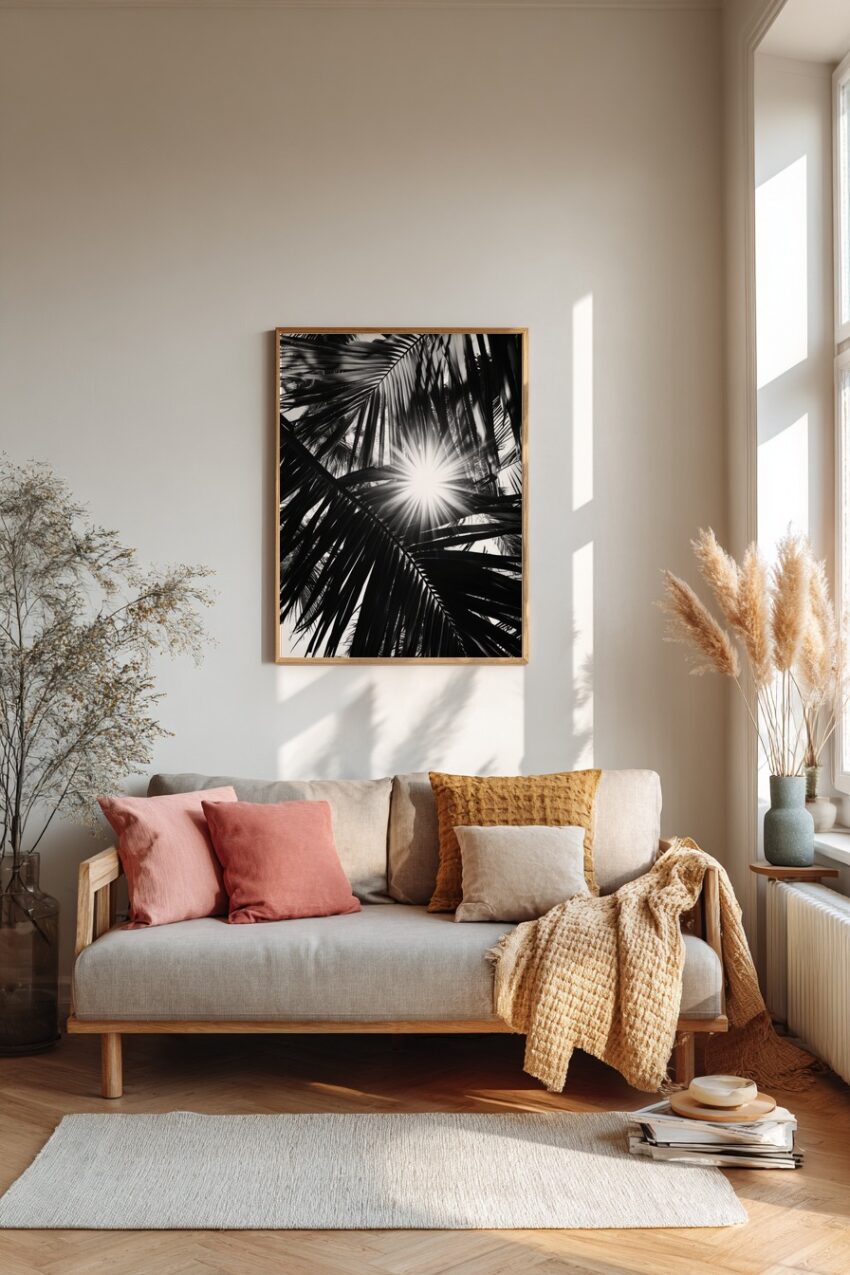 Fotografie Poster Palmenlicht schwarz-weiß stark kontrastreich