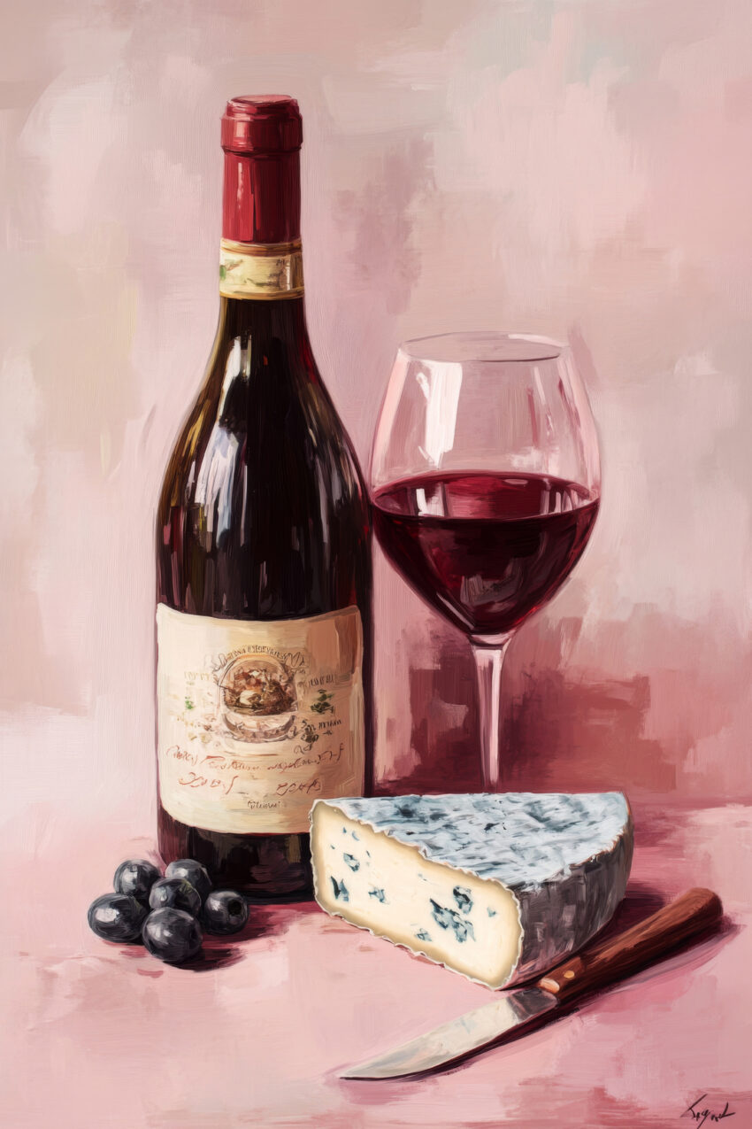 Malerei Poster Wein Blauschimmelkäse stillleben rot