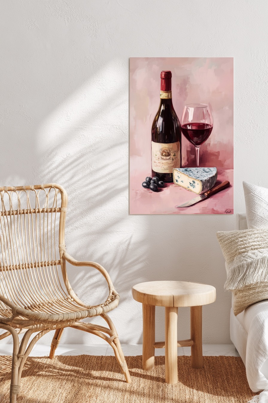 Malerei Poster Wein Blauschimmelkäse stillleben rot