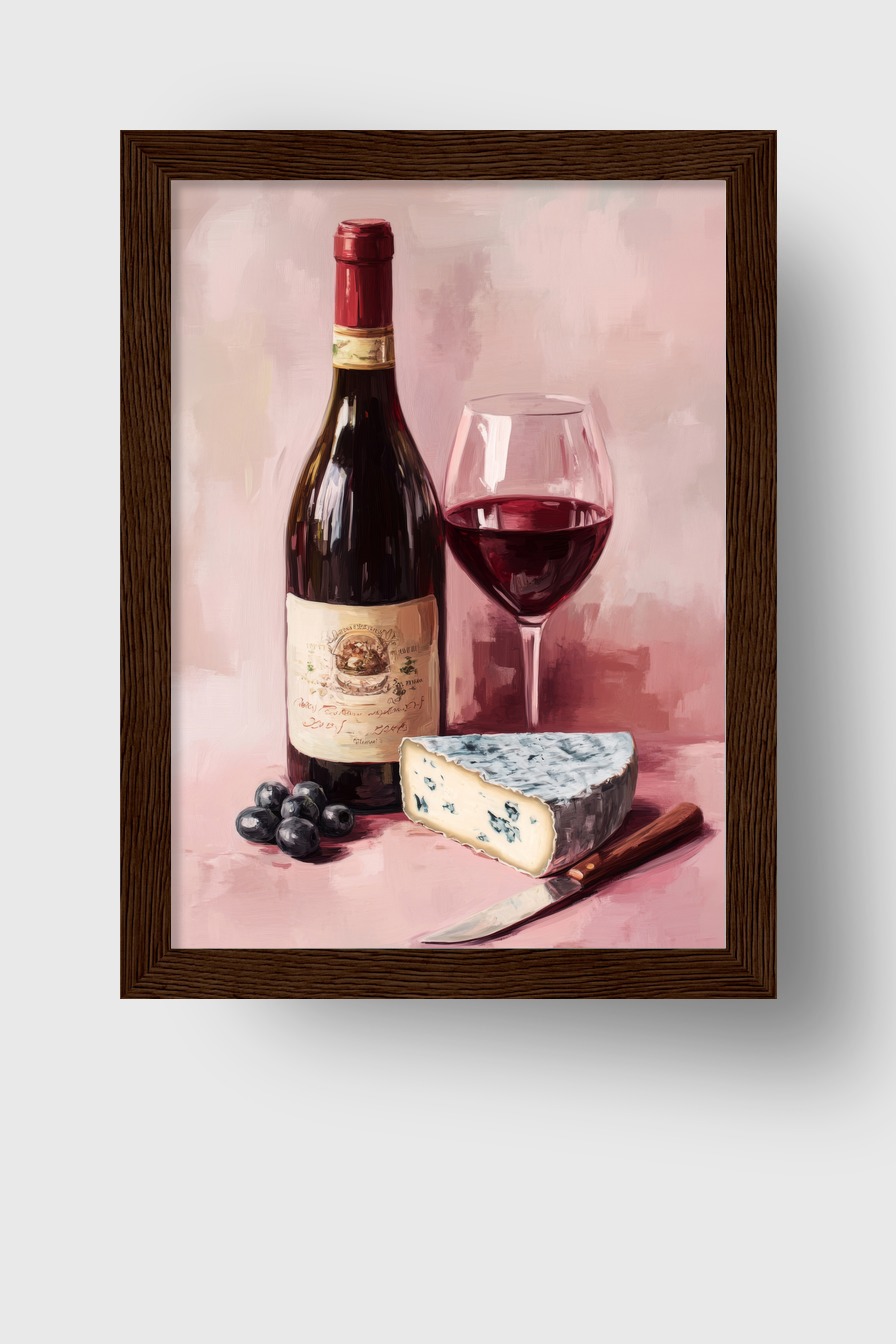 Malerei Poster Wein Blauschimmelkäse stillleben rot
