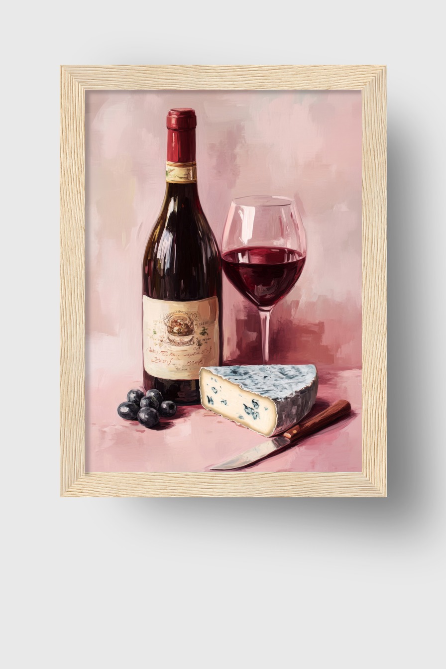 Malerei Poster Wein Blauschimmelkäse stillleben rot