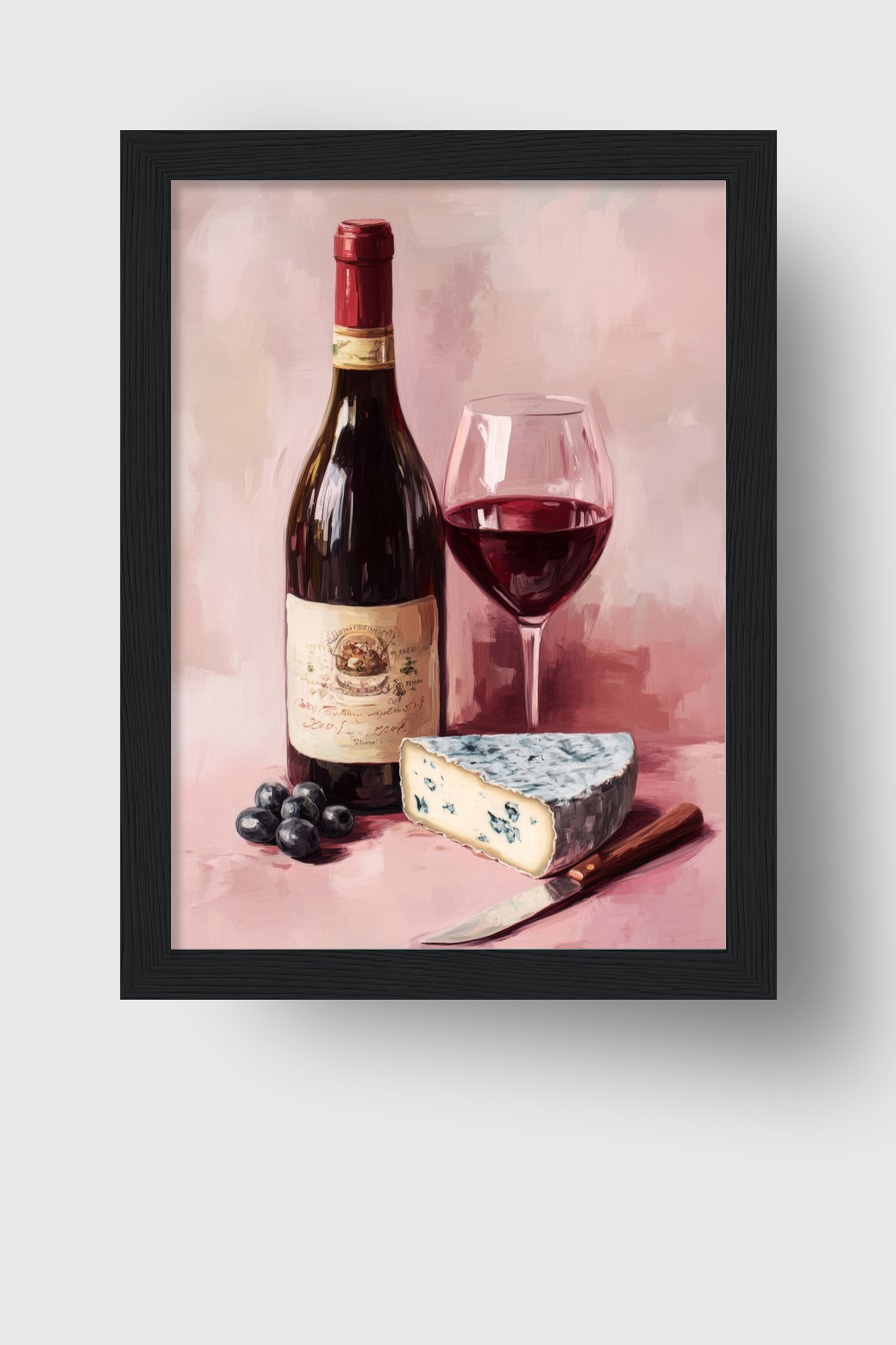 Malerei Poster Wein Blauschimmelkäse stillleben rot