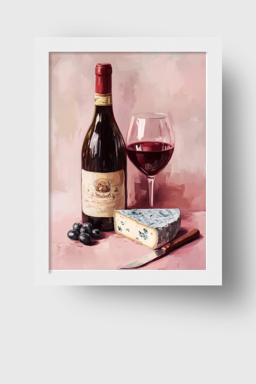 Malerei Poster Wein Blauschimmelkäse stillleben rot