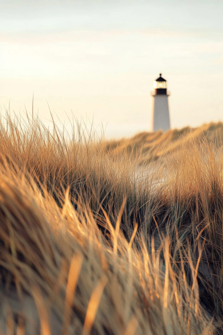 Fotografie Poster Leuchtturm Dünengras goldenes Licht