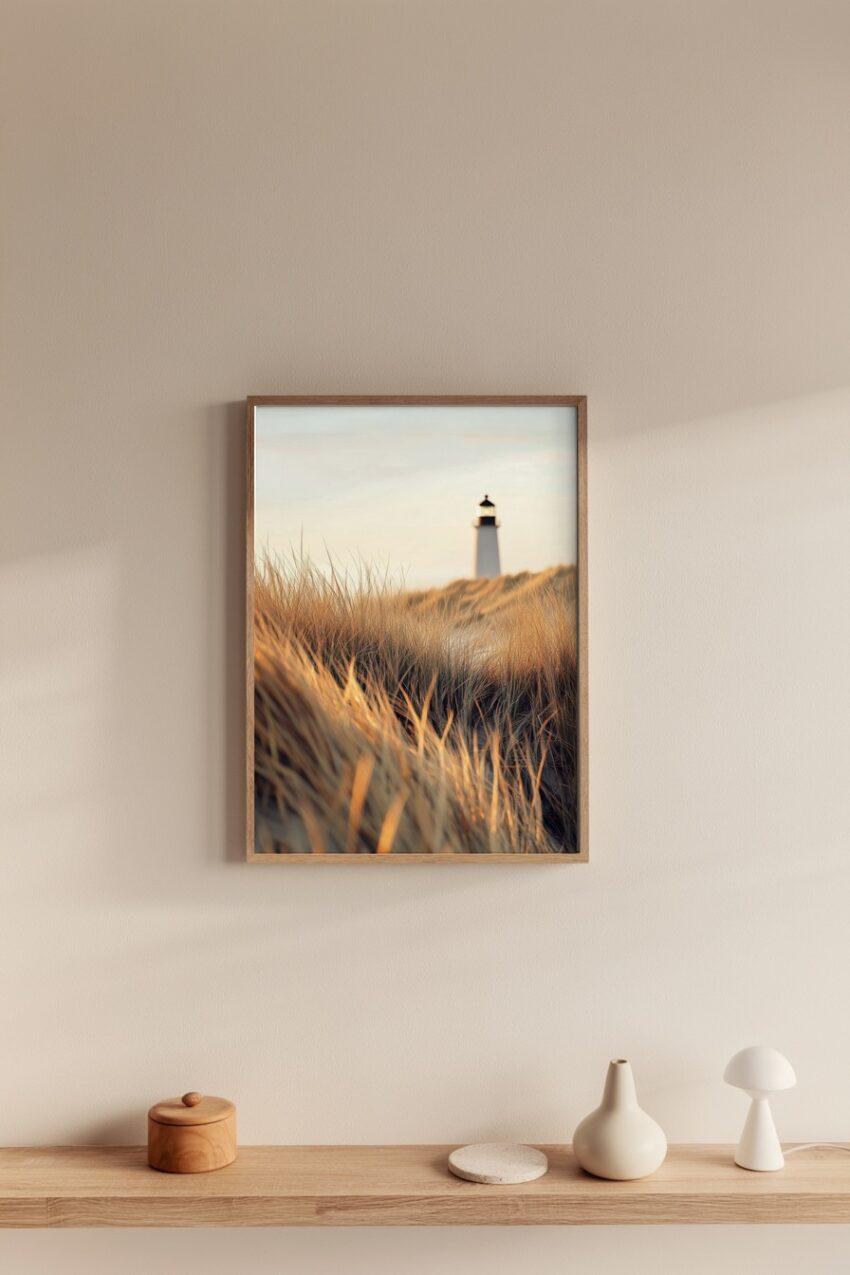 Fotografie Poster Leuchtturm Dünengras goldenes Licht