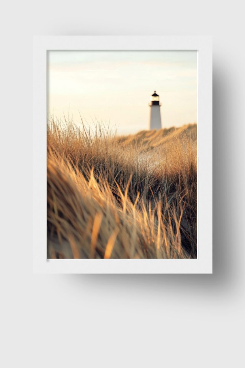 Fotografie Poster Leuchtturm Dünengras goldenes Licht