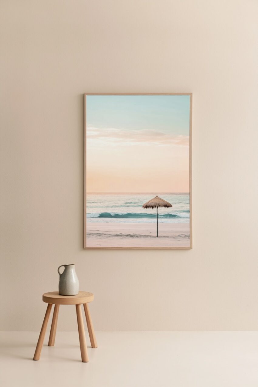 Fotografie Poster Sonnenschirm Strand pastellfarben ruhig