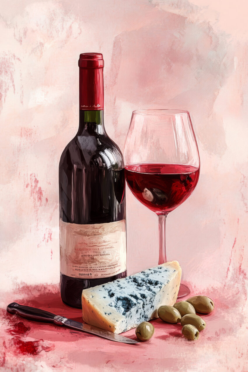 Illustration Poster Blaufleischkäse Oliven Weinrot