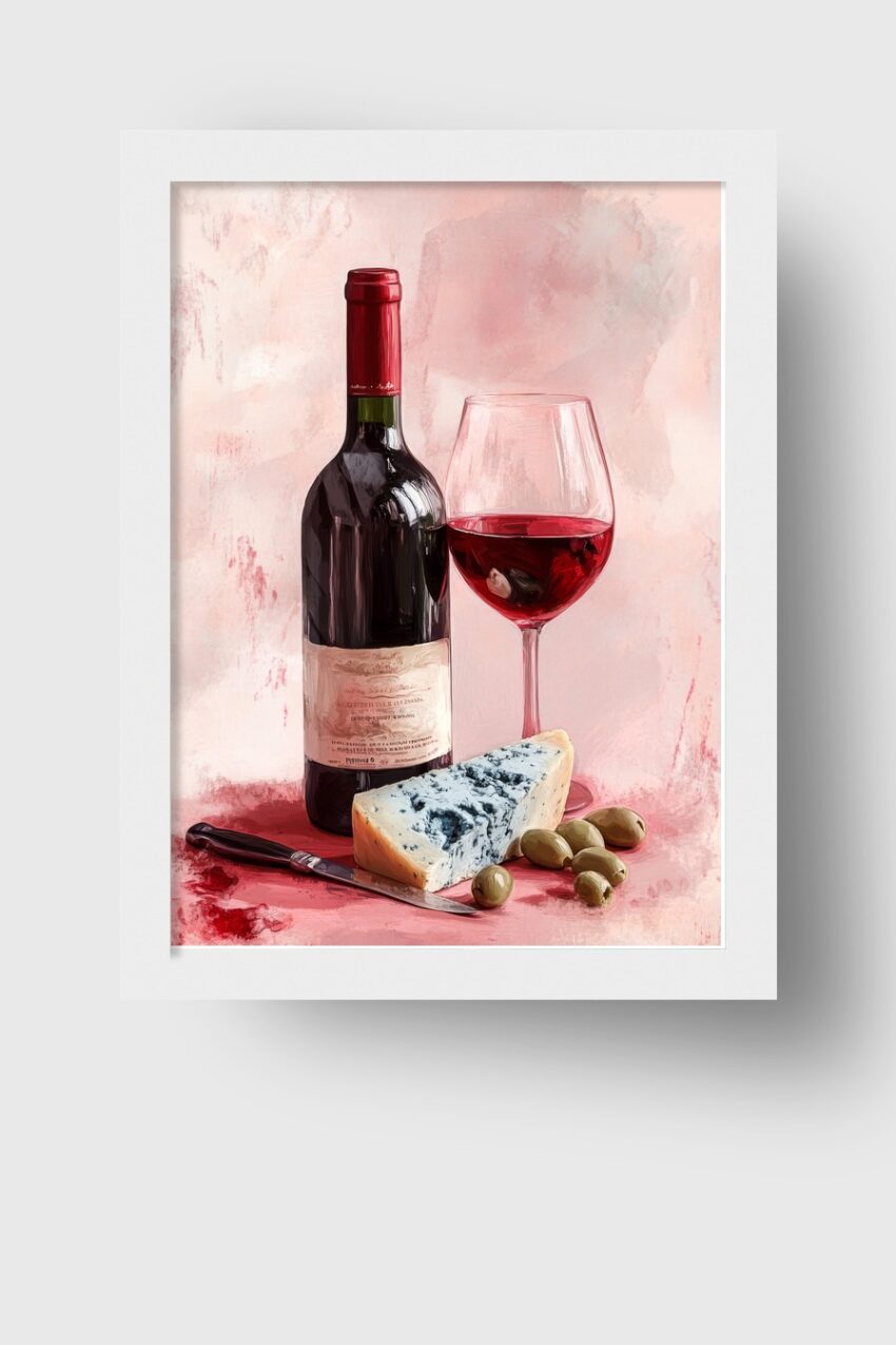 Illustration Poster Blaufleischkäse Oliven Weinrot